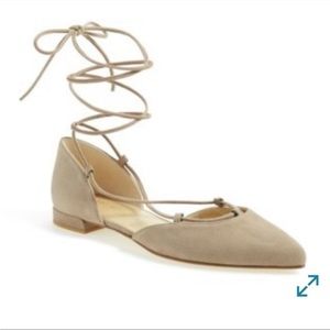 Stuart Weitzman Tyler Wraparound Lace Suede Flat - Size 8